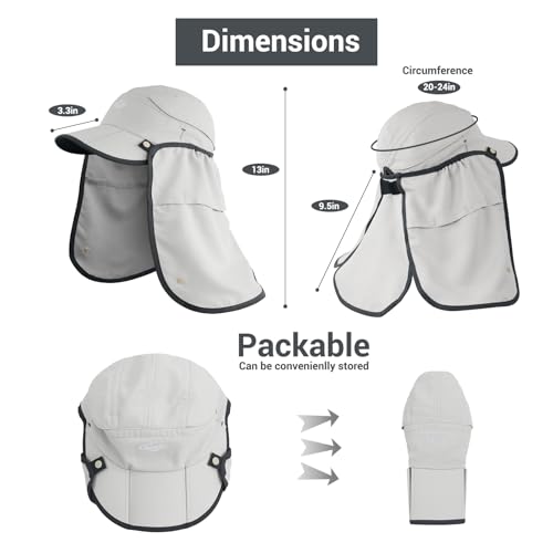 Palmyth Fishing Sun Hat with Detachable Neck Flap UPF 50+ Baseball Cap | Convertible Ventilation Panel, Sunglass Lock, Water Resistant, Foldable, Ventilation Holes, 3 Ways to Wear, Men & Women - color: Light Grey