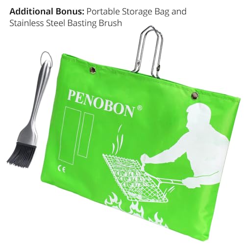 Fish Grilling Basket, Folding Portable Stainless Steel BBQ Grill Basket for Fish Vegetables Shrimp with Removable Handle, Come with Basting Brush and Storage Bag