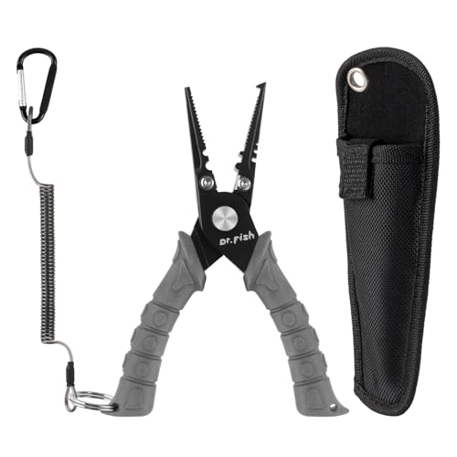 Dr.Fish Fishing Split Ring Pliers Fish Lip Gripper Hook Remover Grey | Freshwater & Saltwater Fishing Tools: 420 Stainless Steel Lip Gripper Hook Remover with PVC Handle, Lanyards and Sheath - color: Grey-6"