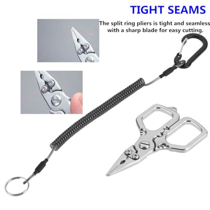 dophee Fishing Pliers Saltwater with Split Ring, Stainless Steel Mini Multifunctional Fish Hook Remover PE Line Cutter Scissors Tool Fishing Gear Accessories