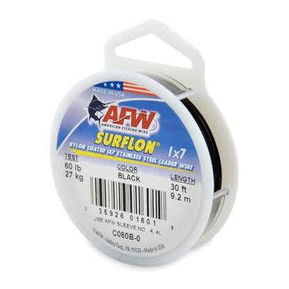 American Fishing Wire Surflon Nylon Coated 1x7 Stainless Steel Wire Leader - Wire Fishing Leader Line for Saltwater 10lb Up To 250lb Test in Bright, Black, Camo in 30ft, 100ft, 300ft, & 1000ft Lengths - color: Black, style: 30 Feet, 60 Pound Test