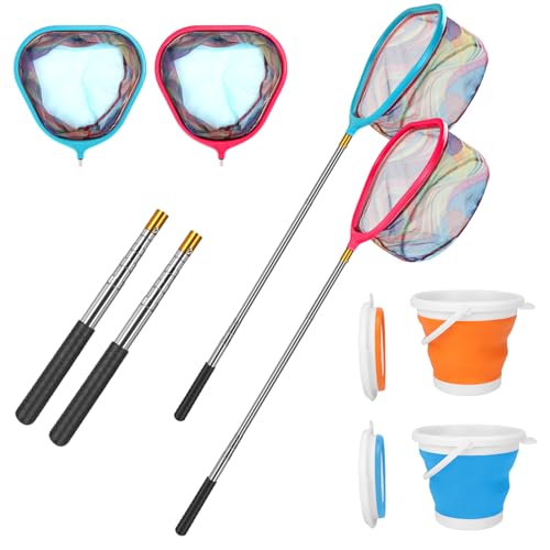 Kids Fishing Net, 2 Pack Telescopic Fishing Landing Net with Aluminum Pole Handle for Kids, Collapsible Bucket Kids Sand Pail, Fishing Net Butterfly Nets for Kids, Outdoor Playing - color: Red Blue