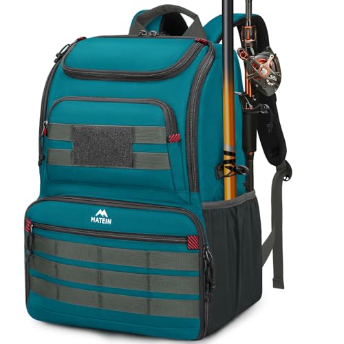 MATEIN Fishing Backpack Tackle Box, Tackle Backpack with Cooler for Men | Tackle Box Backpack, Fishing Bag with Rod Holders, Hold 4 3600 Tackle Boxes, Water Resistant, Gear Accessories, Fishing Gifts - color: Icy Blue & Grey