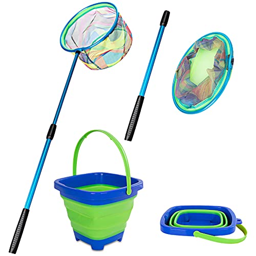 Kids Fishing Net - Telescopic Landing Net with Aluminum Pole Handle, Collapsible Bucket Sand Pail, Butterfly Net for Outdoor Play - color: Blue