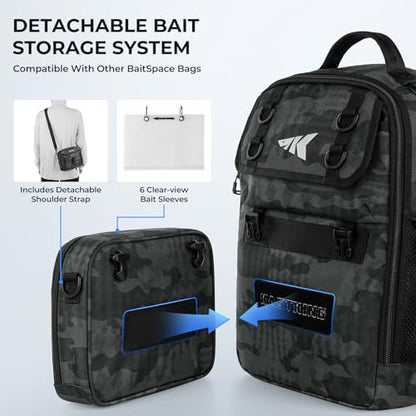 KastKing BaitSpace Fishing Sling Bag, Fishing Backpack with Rod & Beverage Holder, Tackle Bag for Fishing Gear - color: E: Black Camo - with (2) 3600 tackle boxes, size: Large