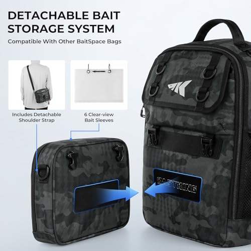 KastKing BaitSpace Fishing Sling Bag, Fishing Backpack with Rod & Beverage Holder, Tackle Bag for Fishing Gear - color: E: Black Camo - with (2) 3600 tackle boxes, size: Large