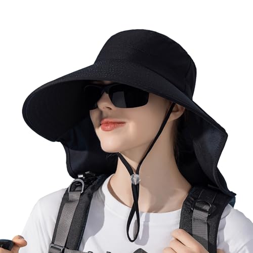 Peicees UPF 50+ Waterproof Fishing Hat with Wide Brim & Neck Flap - UV Protective Summer Sun Hat for Men Women Fishing Gear - color: Black