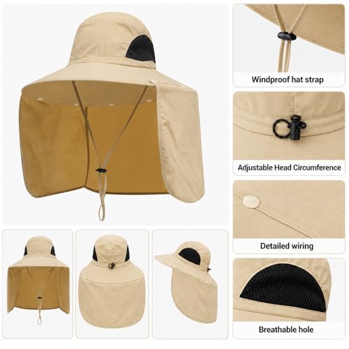 HUAMULAN Women Large Brim Sun Hat with Neck Flap, Men Quick Dry Hiking Fishing Safari Hat UPF 50+ - color: Yq005-beige