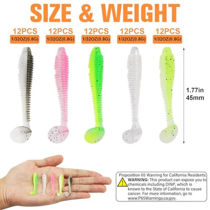 Dovesun Crappie Lures Kit Soft Plastic Baits Paddle Tail Swimbaits Fishing Soft Plastic Lures Crappie Walleye Trout Bass Fishing Baits 60pcs/75pcs - color: Paddle Tail-1.7in-60pcs