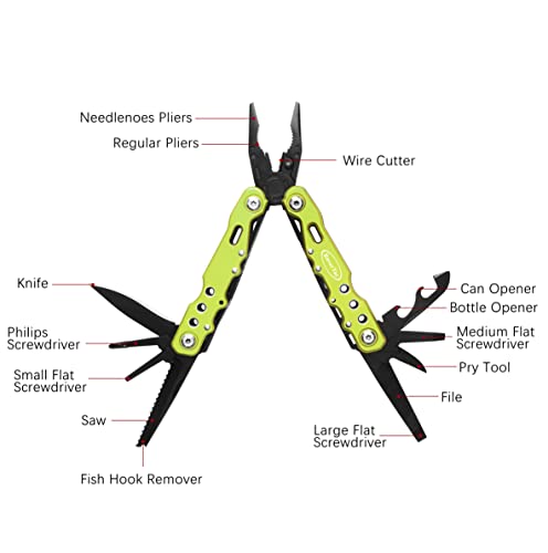 RoverTac 14 in 1 Multitool - Knife, Pliers, Screwdrivers, Saw, Bottle Opener - Perfect for Camping, Survival, Hiking, Repairs - color: Green