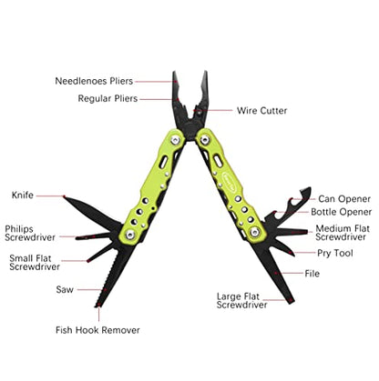 RoverTac 14 in 1 Multitool - Knife, Pliers, Screwdrivers, Saw, Bottle Opener - Perfect for Camping, Survival, Hiking, Repairs - color: Green