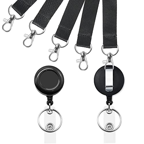 5Pcs Black Lanyards with Vertical ID Badges Holder and Retractable Reel | Flat Lanyard,For Keys,Card Holder - color: Black