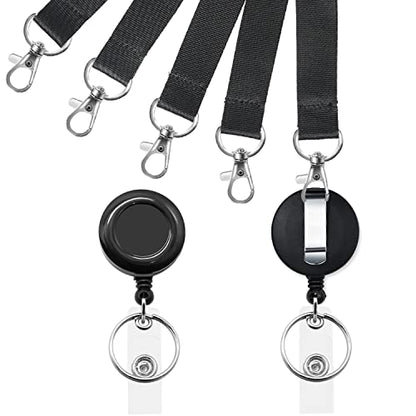 5Pcs Black Lanyards with Vertical ID Badges Holder and Retractable Reel | Flat Lanyard,For Keys,Card Holder - color: Black