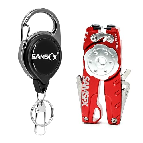 SAMSFX Fishing Tungsten Line Cutter with Zinger Retractors, Fishing Pliers Cutters, Knot Tying Tool, Hook Eye Cleaner, Hook Sharpener - color: R: Red Line Cutter with Retractor