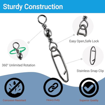 QISHUO High Strength Fishing Swivels Stainless Clips Steel Snap Swivels Barrel Connector Saltwater Swivel Fishing Rolling Black Nickel - size: Size 4+M (57lb) 50 pcs