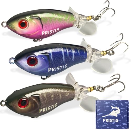 Pristis 3 pcs Topwater Fishing Plopper Lures, Floating Popper Bait Set with Chemically Sharpened Hooks for Saltwater Freshwater, Top Water Plopping Swimbait Teaser for Bass Tuna Perch Pike Crappie - color: 3 pcs Double-blade Color Set