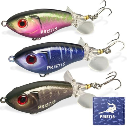 Pristis 3 pcs Topwater Fishing Plopper Lures, Floating Popper Bait Set with Chemically Sharpened Hooks for Saltwater Freshwater, Top Water Plopping Swimbait Teaser for Bass Tuna Perch Pike Crappie - color: 3 pcs Double-blade Color Set