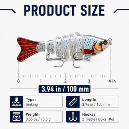 Rattling Fishing Lures 3 Pack, Multi-Jointed Swimbaits with Treble Hooks, Lifelike S-Swimming Hard Baits for Bass, Trout, Crappie & Perch