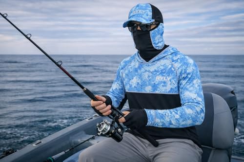 Men's Performance Fishing Shirts,Sun Protection Hoodie Long Sleeve UPF 50+ Hiking Shirt with Mask Cap - color: Blue 1, size: Small