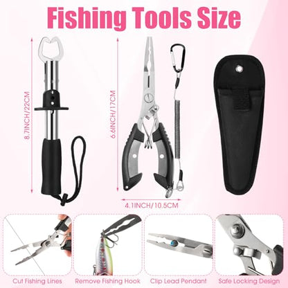 RoundFunny 3 Layers Fishing Tackle Box 414 Pcs Fishing Gift Lures Gear Kit with Tackle Included Pliers Lip Gripper Bait Hook Accessories for Beginner Fisherman Women Men, Fit Bass Trout - color: Pink