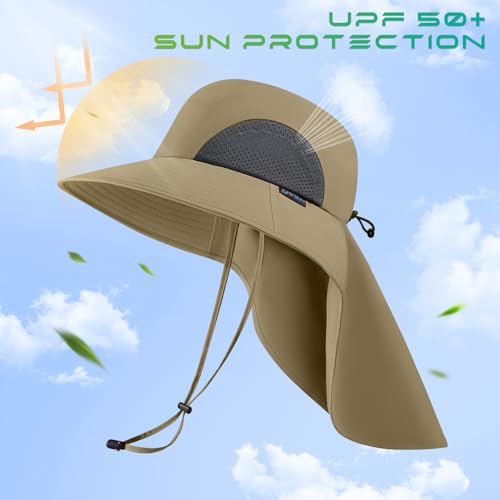 UPF 50+ Foldable Sun Hats Wide Brim with Large Neck Flap for Men Women UV Protection Gardening Fishing Beach Hat - color: Khaki