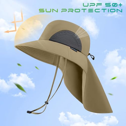UPF 50+ Foldable Sun Hats Wide Brim with Large Neck Flap for Men Women UV Protection Gardening Fishing Beach Hat - color: Khaki