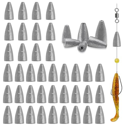 50Pcs Bullet Weights Sinkers Worm Weights for Bass Fishing | Fishing Weights Carolina Rig Weights Slip Sinker Texas Rigs Lead Weights For Saltwater Freshwater - size: 1/4oz-50pcs