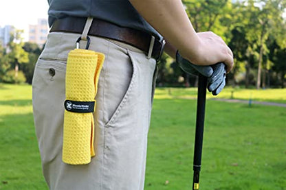 Handy Picks Microfiber Golf Towel (16" X 16") with Carabiner Clip, Waffle Pattern Golf Towel Hook and Loop Fastener - The Convenient Golf Cleaning Towel - color: Yellow