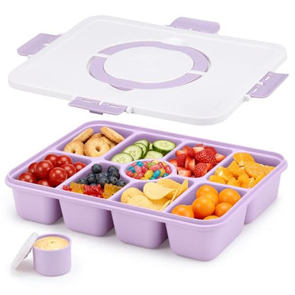 Snackle Box Container, Divided Serving Tray with Lid and Handle, 9 Compartments Snack Box Container for Adults, Portable Charcuterie Serving Platter for Candy Fruit, 9.9 Cups, Lavender - color: Lavender