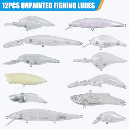 Unpainted Fishing Lures Making Kit, 286pcs DIY Lure Blank Crankbaits Minnow Hard Bait Set with Treble Hooks,Split Rings,3D Eyes,Fishing Lure Stickers Pliers DIY Fishing Tackle - style: 286pcs Kit