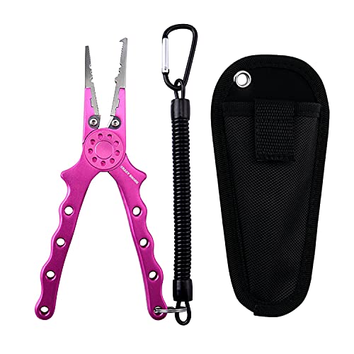 Professional Saltwater/Fresh Water Aluminum Fishing Pliers Tungsten Carbide Cutters Hook Remover with Sheath and Lanyard - color: Pink