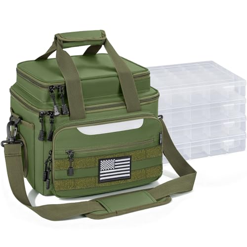 Fishing Tackle Bags with 4 * 3600 Tackle Boxes - Saltwater & Freshwater Compatible, Water Resistant & Durable Fishing Bags with Padded Shoulder Strap - Pliers and Gear Storage Green - color: Green, style: With 4 Tackle Boxes