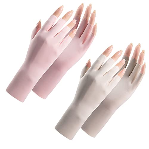 Women Fingerless Gloves Summer UV Protection Gloves Cool Ice Silky Sun Block Driving Unisex - color: Pink+beige
