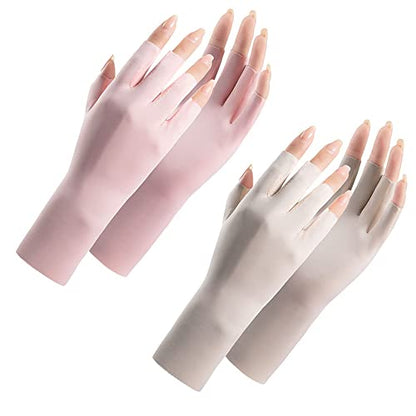 Women Fingerless Gloves Summer UV Protection Gloves Cool Ice Silky Sun Block Driving Unisex - color: Pink+beige