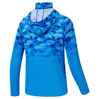BASSDASH Youth UPF 50+ Hooded Shirts with Mask UV Neck Gaiter Sun Protection Long Sleeve T Shirt for Fishing Swim - color: Blue Fish Gradient, size: Small