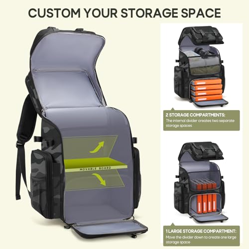 RAINSMORE Fishing Backpack, 45L Large Water-resistant Fishing Tackle Bag | with 4 Rod Holders & Insulated Cooler & Rain Cover Professional 900D Oxford Tackle Backpack for Men Gift Gray Camouflage - color: Grey Camouflage