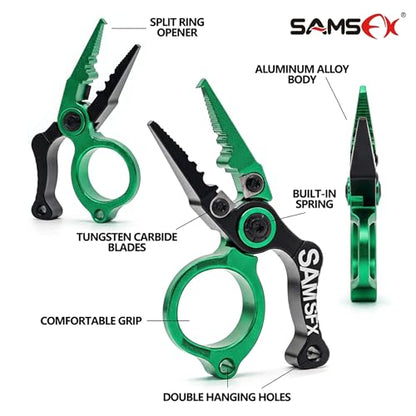 SAMSFX Mini Fishing Pliers with Fly Fishing Zinger Retractor, Fish Hook Remover Tool, Split Ring Pliers for Saltwater & Freshwater, Tungsten Carbide Cutters, Fishing Gear Gift for Anglers - color: Green