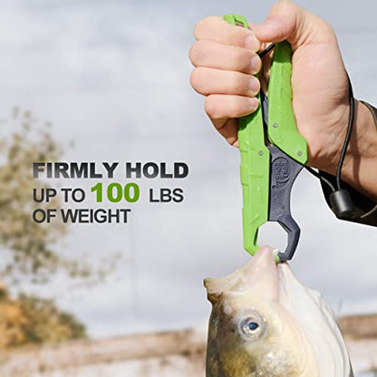 SNAIL TRAIL 7.5'' Floating Fish Gripper, Fishing Grabber | Catfish Mouth Pliers, Caught Bass Holder, Fish Scale Hook Clamp, Saltwater Lip Grip Tool with Lanyard, Gifts for Men - color: Green-gray