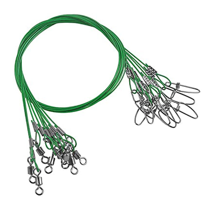Heavy Duty Fishing Wire Rigs Leaders, 10Pcs 150LB Stainless Steel Fishing Line Leaders with Swivels Snaps Fishing Trace Lures Leader Rigging - color: Green-10pcs