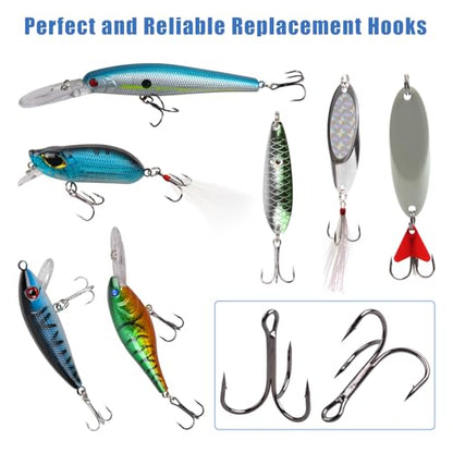 70pcs Fishing Treble Hooks Kit for Saltwater Freshwater, High Carbon Steel Barbed Treble Hooks Strong Sharp Round Bend Triple Fishing Hooks for Catfish Bass Trout Hard Baits Lures