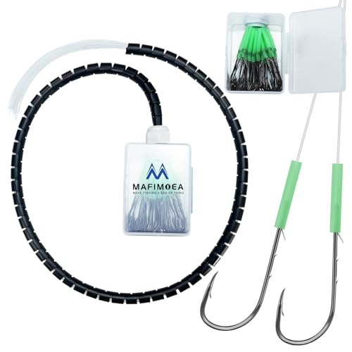 Fishing Hook Case with 40 Pre-Tied Hooks, Transparent Tackle Box, Offset Double Barbed Baitholder Hooks with Glow Sleeves for Bass Catfish Snapper Croaker Walleye Saltwater Freshwater - size: 3/0#-40pcs