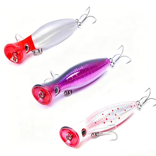 Popper Fishing Lure Set, 3 PCS Topwater Popper Lures 3D Eyes Fishing Accessories for Saltwater Surface Casting and Freshwater Fishing Gt Tuna Kingfish Large Predator Fish (5.11in, 1.48Oz) - color: C