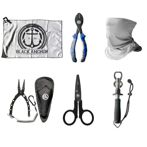 Black Anchor Fishing Accessory Kit | 6.7" Aluminum Plier, Stainless Lip Gripper, Buff Face Shield, Wire Cutter, Split Ring Braid Scissor, Microfiber Towel