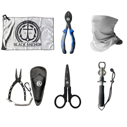 Black Anchor Fishing Accessory Kit | 6.7" Aluminum Plier, Stainless Lip Gripper, Buff Face Shield, Wire Cutter, Split Ring Braid Scissor, Microfiber Towel