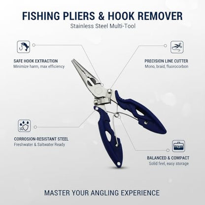Stainless Steel Fishing Pliers with Line Cutter, 6.5 Inch Multi-Tool for Hook Removal and Lure Retrieval, Blue
