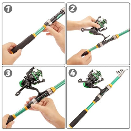 I00000 Fishing Rod and Reel Combos with Fiberglass Telescopic Fishing Pole - Spinning Reel Fishing Carrier Bag, Freshwater and Saltwater Fishing Rod Kit,Travel Fishing Kit for Bass Trout - color: Green