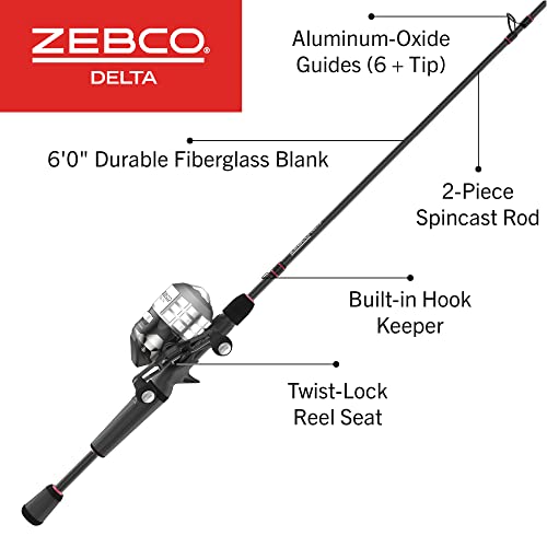 Zebco Delta Spincast Reel and Fishing Rod Combo, Instant Anti-Reverse Clutch, Changeable Right- or Left-Hand Retrieve, Pre-Spooled with Zebco Fishing Line - style: 6'2" Rod, Size 30 Reel