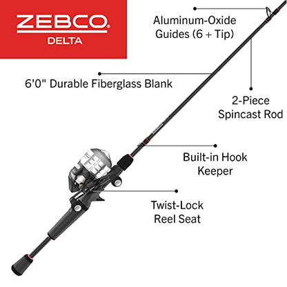 Zebco Delta Spincast Reel and Fishing Rod Combo, Instant Anti-Reverse Clutch, Changeable Right- or Left-Hand Retrieve, Pre-Spooled with Zebco Fishing Line - style: 6'2" Rod, Size 30 Reel