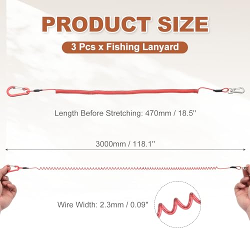 PATIKIL Fishing Lanyard, (118.11" Length, Red) (3Pcs), Retractable Coiled Tether Anti-Lost Rope Coiled with Carabiners and 360° Safety Buckle, Suit for - Fishing/Hunting/Hiking/Boating - color: Red, size: 118.11"