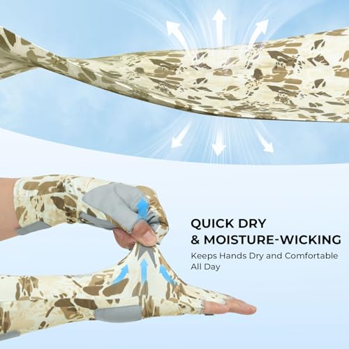KastKing Agies Fishing Gloves Men, UPF 50+ Sun Gloves UV Protection, Cooling Quick-Dry 3/4 Fingerless Gloves with Extended Cuff, Microfiber Palm & Pull Tabs, for Fishing, Kayaking, Hiking, Hunting - color: X Camo-Neutral, size: Large-X-Large